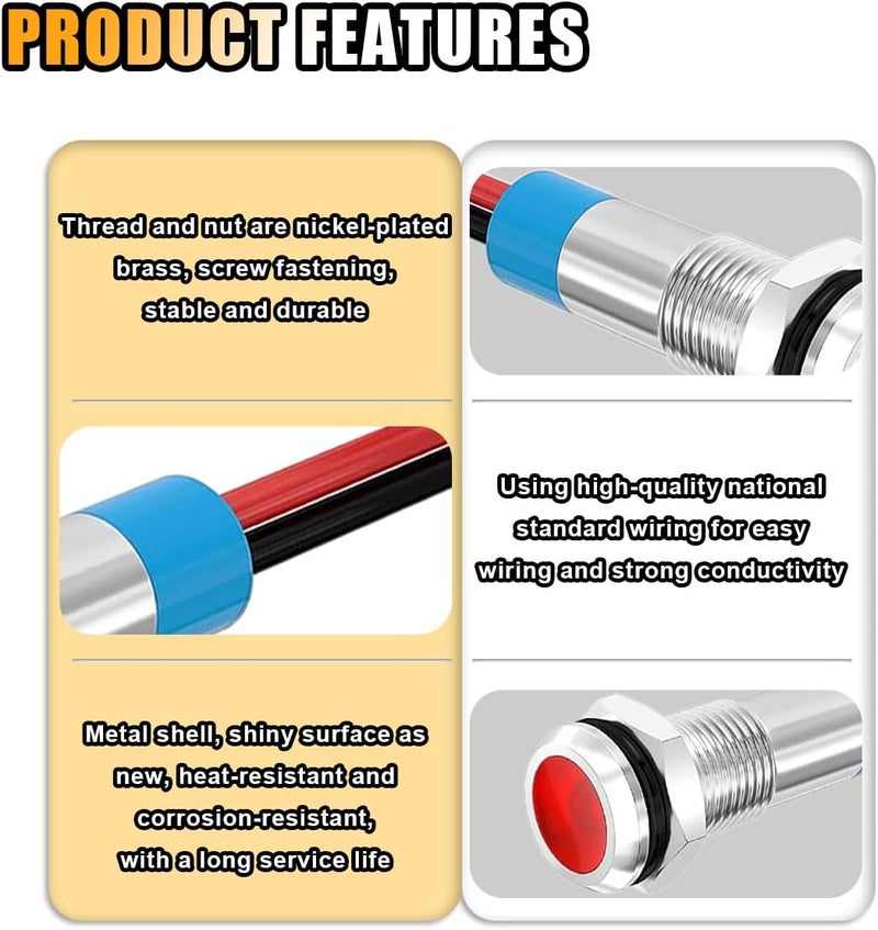 GLSOWEE 5PCS 6MM 1/4" LED Indicator Light, AC/DC 12-24V Waterproof IP66 Metal Signal Lamp, Metal Indicator with 145mm Wire, Automotive LED Indicator Light for Cars Trucks Boats (Red) - Image 3